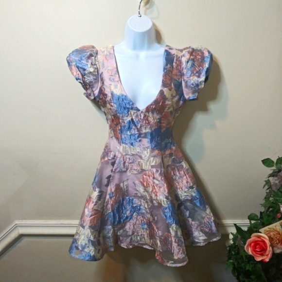 Showpo. Dresses & Skirts - Showpo Lydia Blue, Pink, Lavender & Ivory Jacquard Puff Sleeve Mini Dress